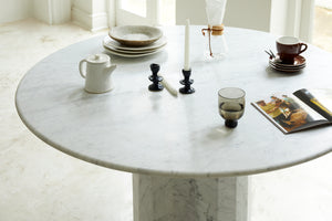 Ashby Dining / Hall Table in Bianco Carrara Marble Lifestyle Close Up